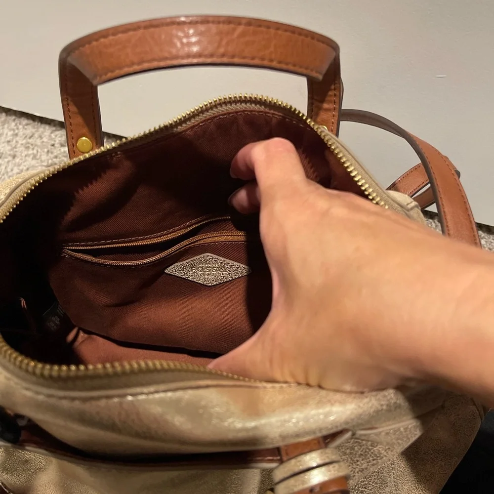 Fossil Metallic Gold Leather Satchel with Brown Handles